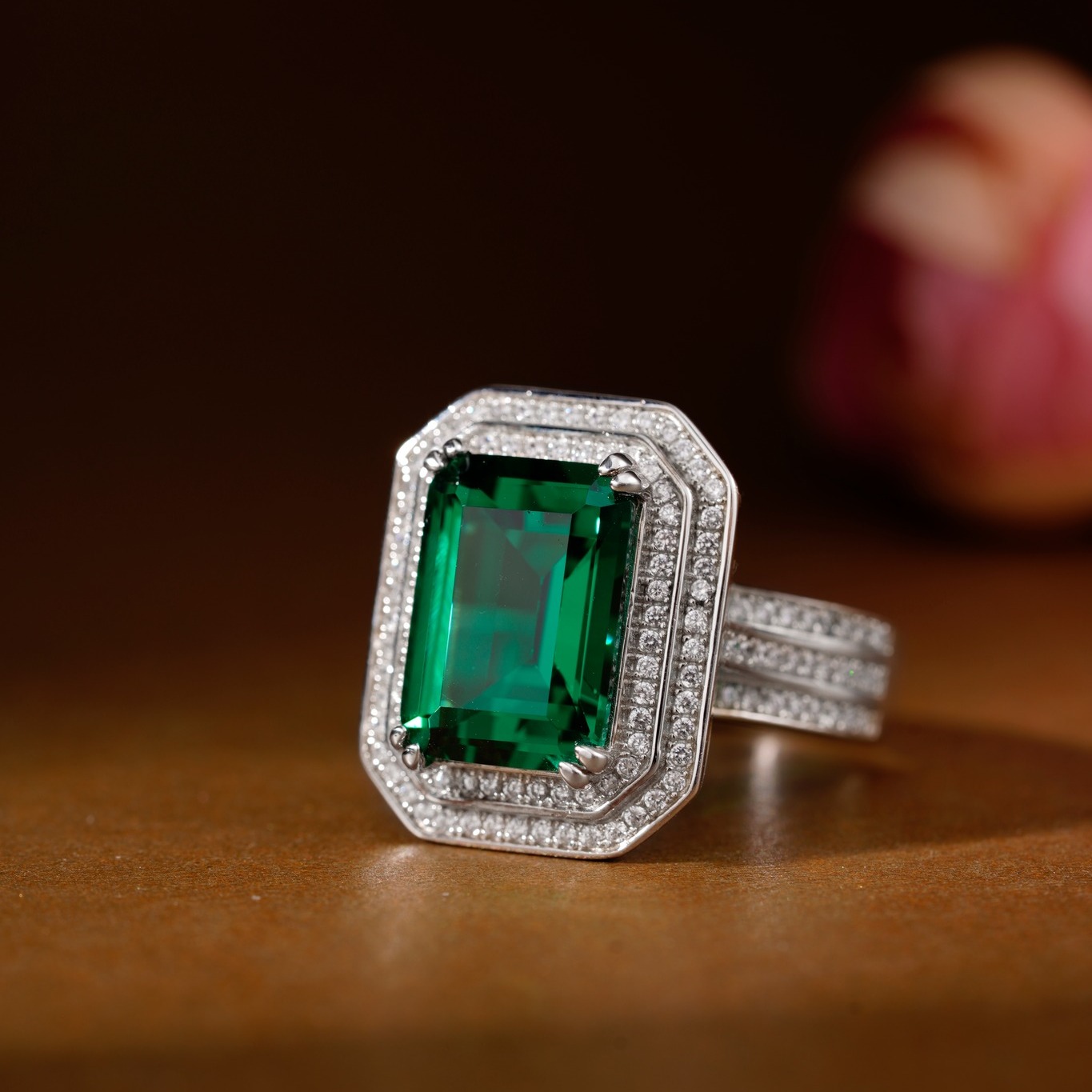 10ct Double Halo Emerald Cut Emerald Sapphire Engagement Ring