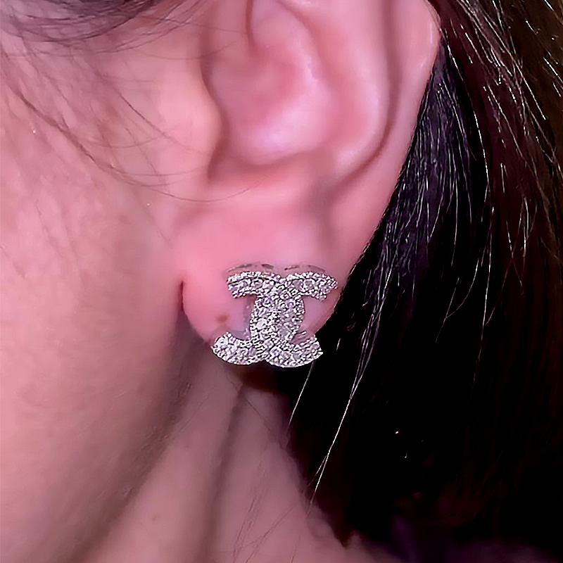 Double C Design White Diamond Micro Pave Stud Earrings