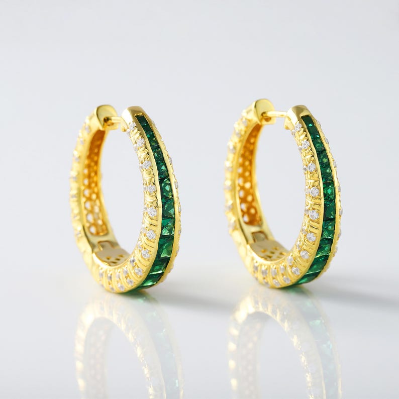 Round&Emerald Cut Emerald Sapphire Hoop Earrings