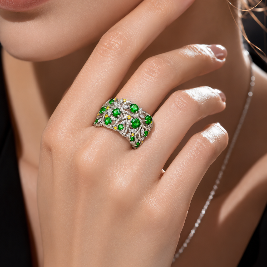 Original Design - Round Cut Tsavorite Nature Inspired Band