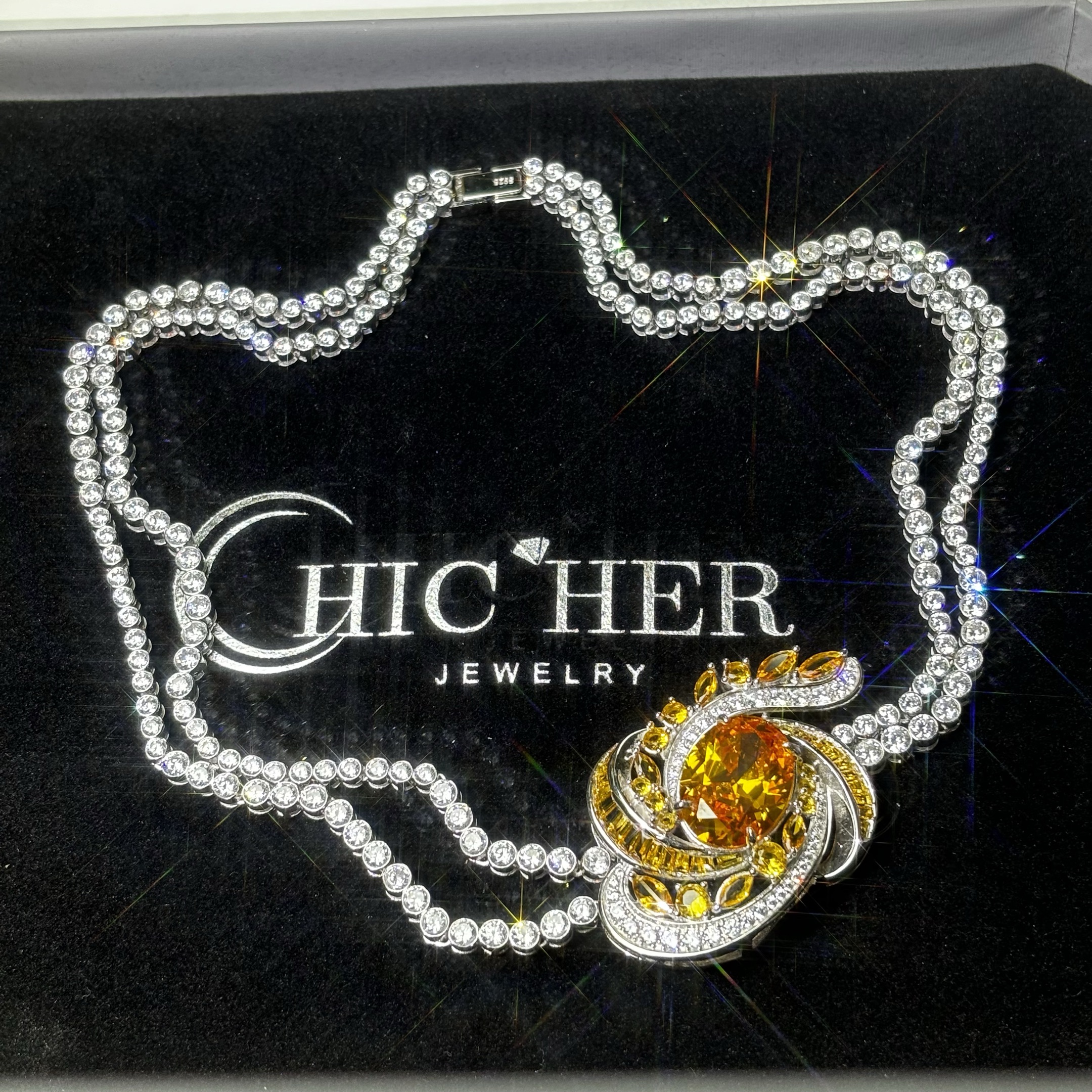 Original Design -  Oval Cut Yellow Sapphire & Round Cut White Moissanite Necklace