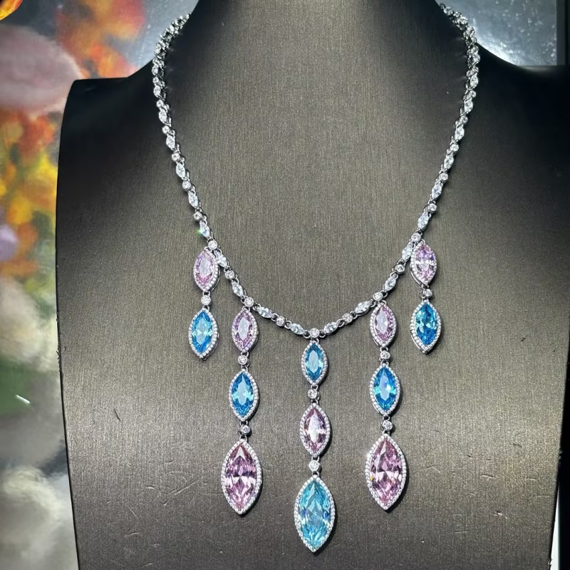 Marquise Cut Pink & Aquamarine Cascading Fringe Statement Necklace