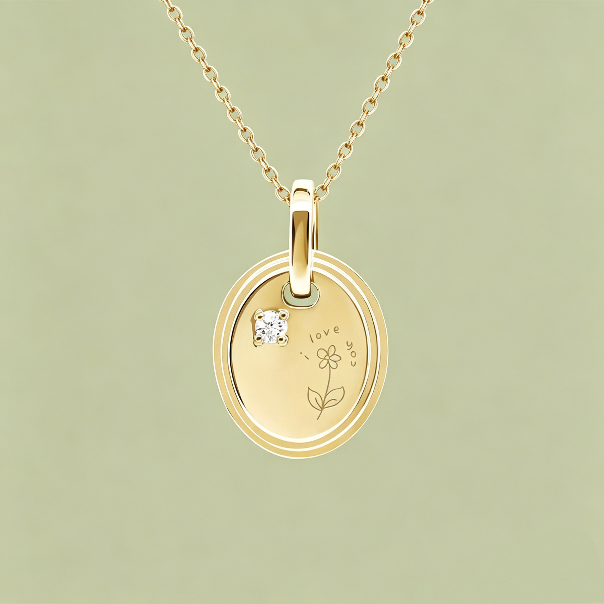 Engraved Oval Charm Necklace with 5 Unique Designs (Diamond Accent)