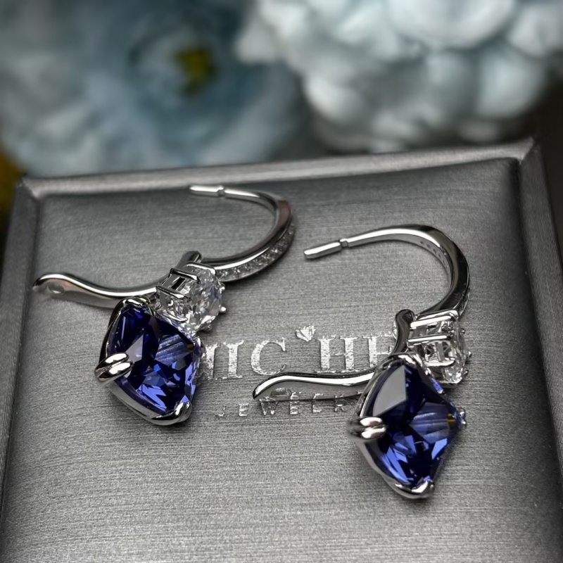 Cushion Cut Blue Sapphire Huggie Drop Earrings