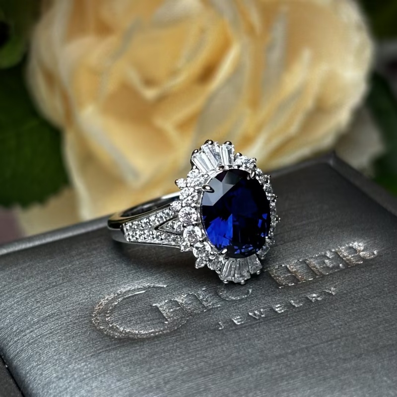 Original Design - 4ct Oval Cut Blue Sapphire & White Moissanite Engagement Ring