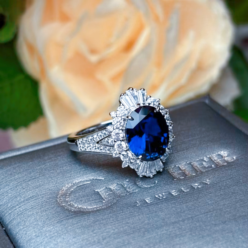 Original Design - 4ct Oval Cut Blue Sapphire & White Moissanite Engagement Ring