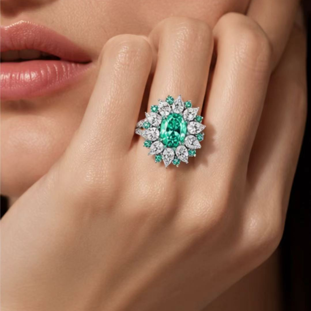 Original Design - 3ct Oval Cut Paraiba Sapphire & White Moissanite Engagement Ring