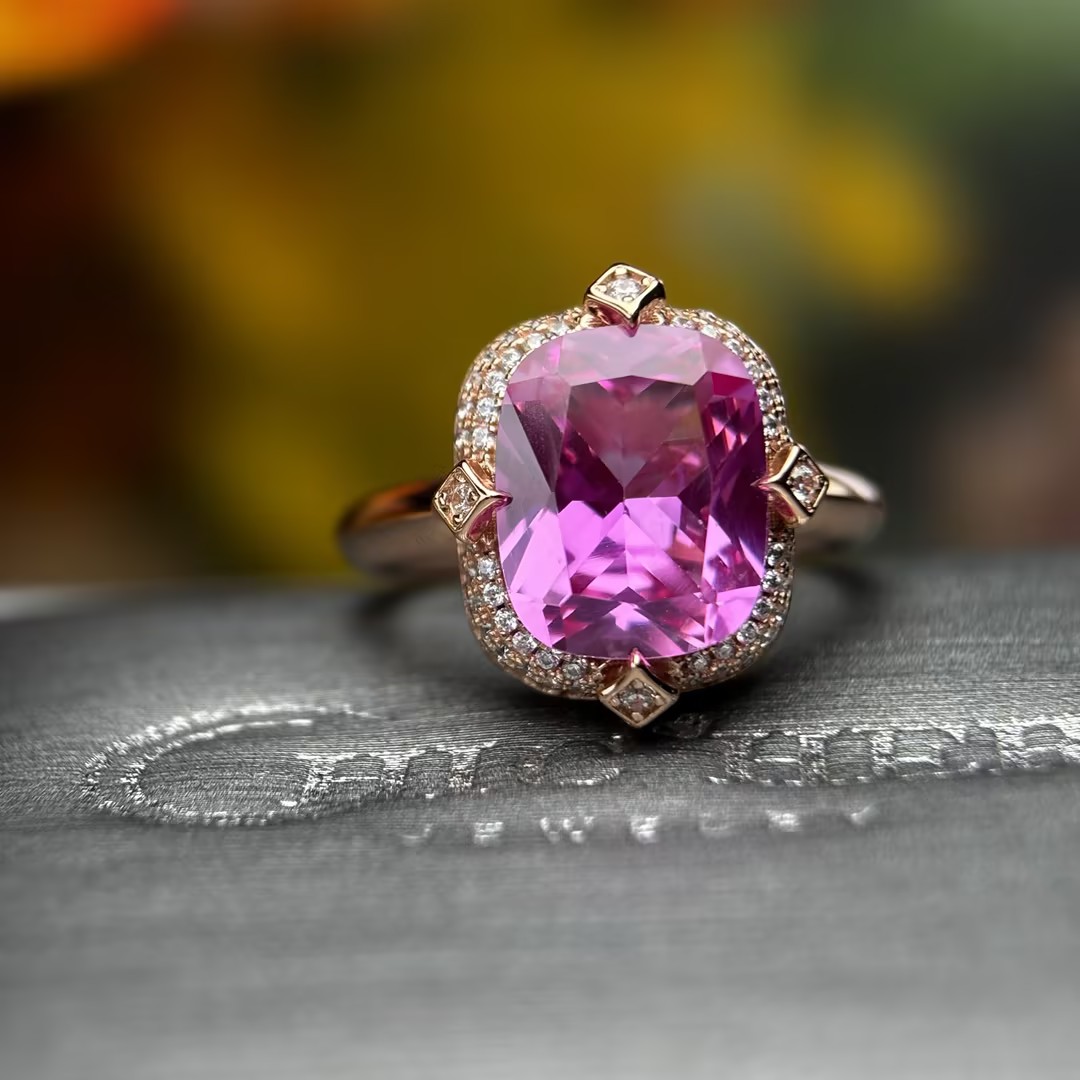 5ct Cushion Cut Pink Sapphire Halo Cocktail Ring with Round Cut White Sapphire Accents