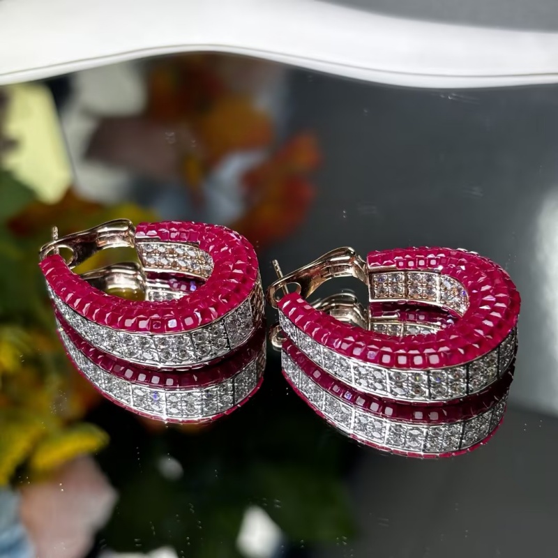 Invisible Princess Cut Ruby Sapphire Hoop Earrings