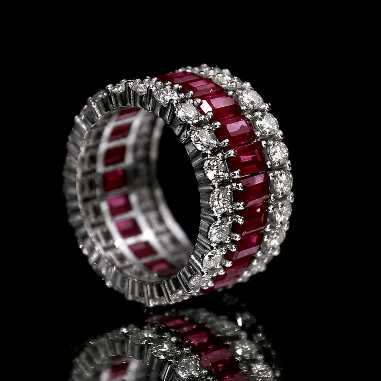 7.35ct Emerald Cut Ruby / Emerald Sapphire Wedding Band (2 Color Options)