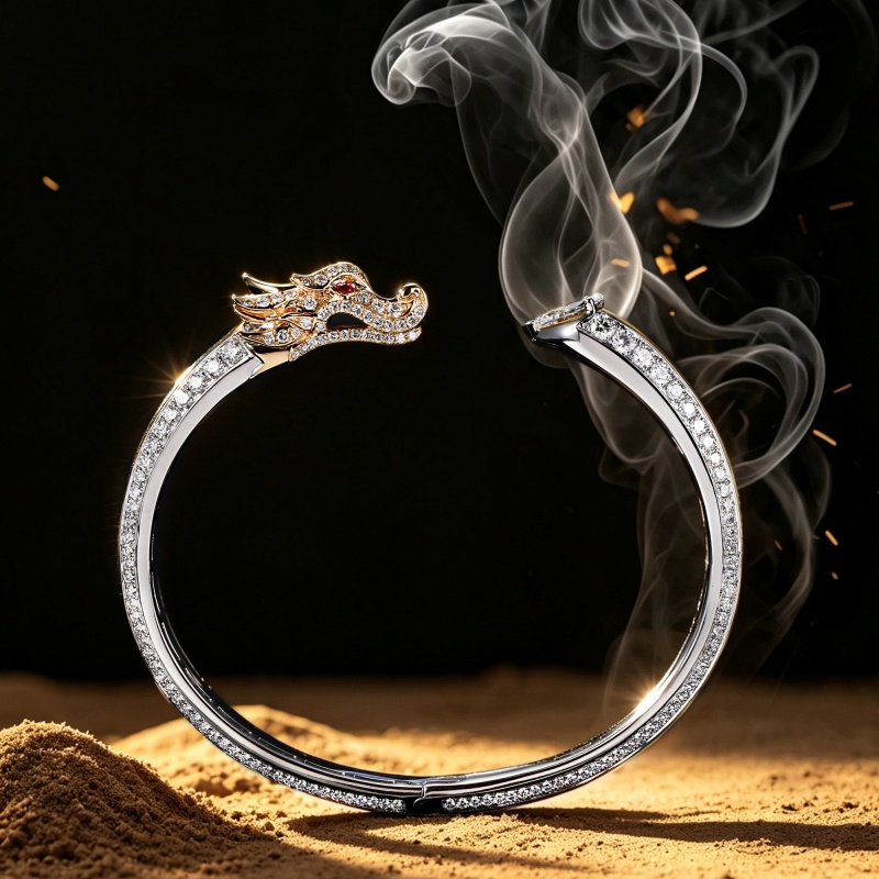 Art Multi-Cut White & Ruby Sapphire Two-Tone Dragon Open Cuff Unisex Bracelet