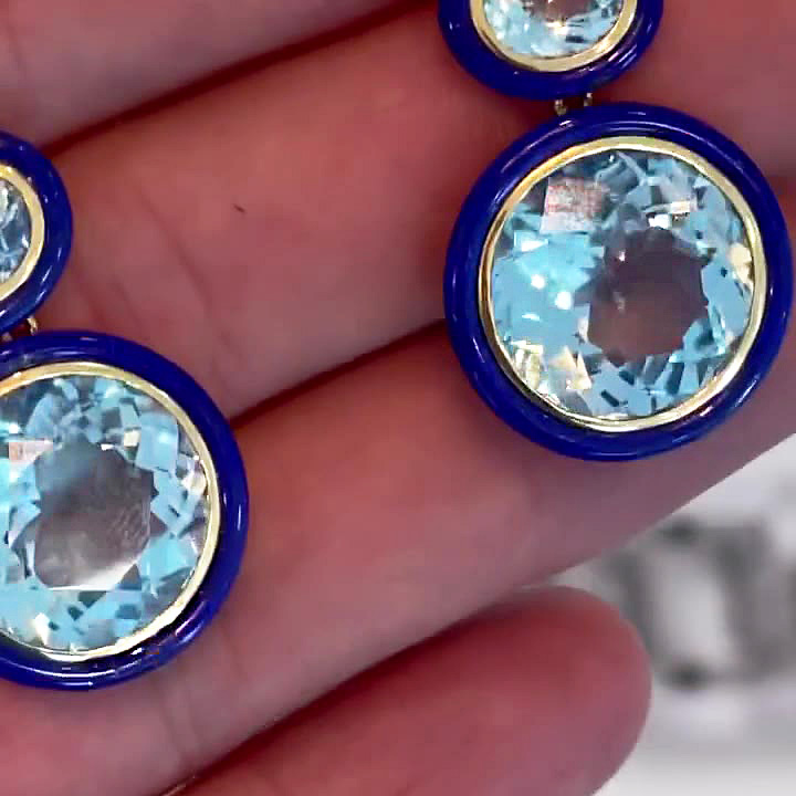 Round&Oval Cut Aquamarine Enamel Sapphire Drop Earrings