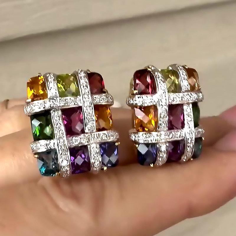 Channel Setting Rainbow Sapphire Checkerboard Stud Earrings