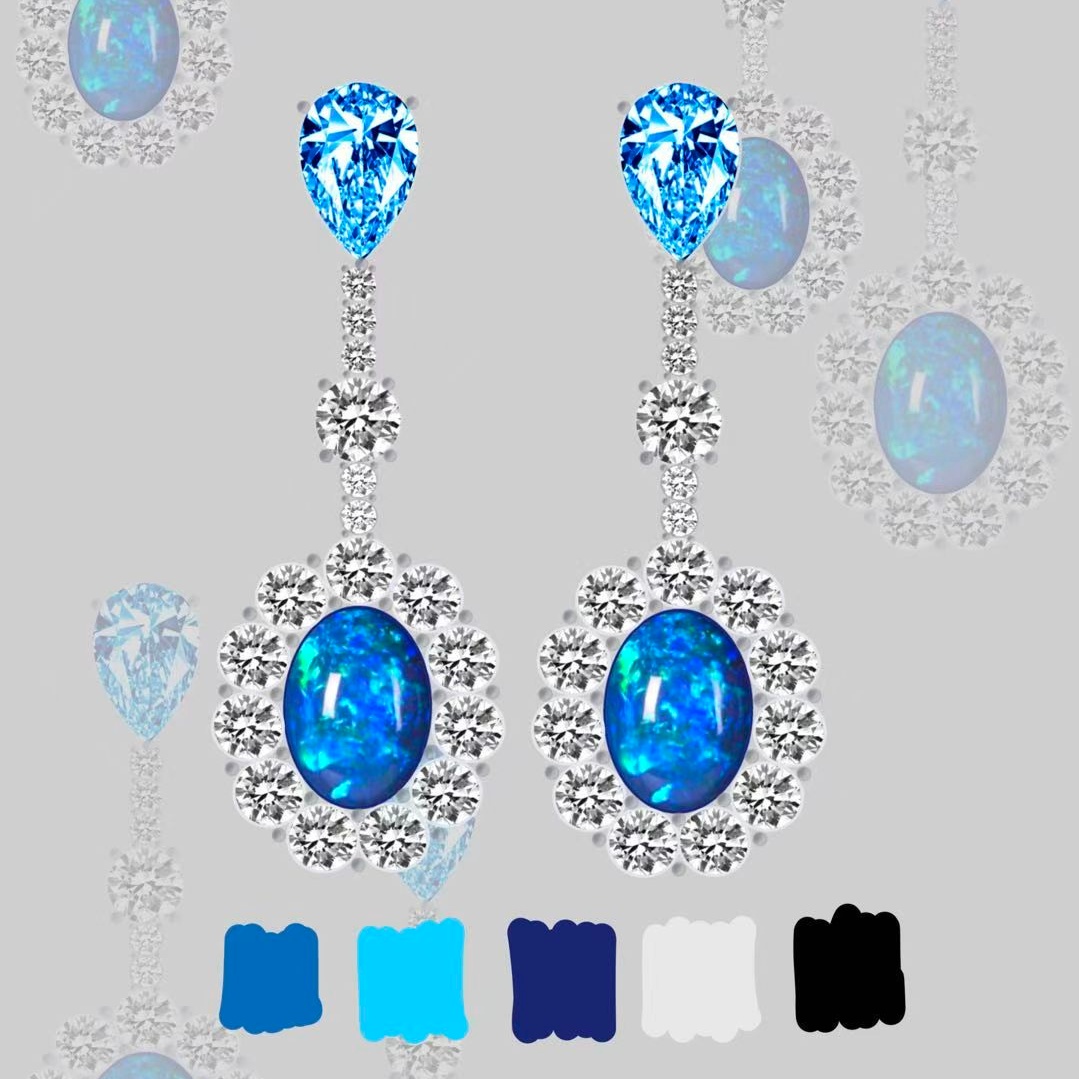 Original Design - Oval Cut Opal &  Aquamarine Sapphire Dangle Earrings