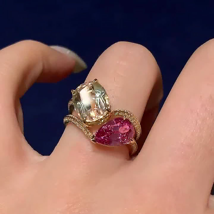 7ct Pear&Cushion Cut Pink&Yellow Sapphire Engagement Ring/2pcs