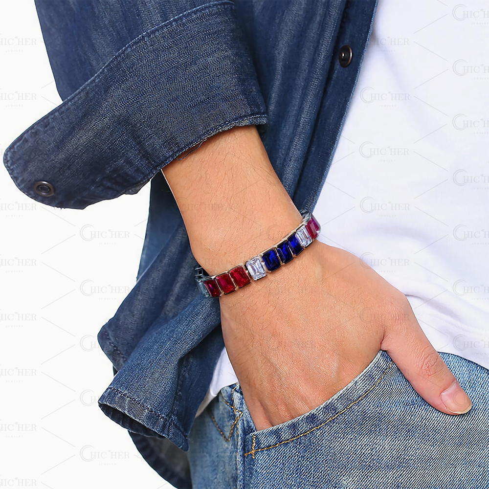 Emerald Cut Ruby&Blue Sapphire Men's Bracelet