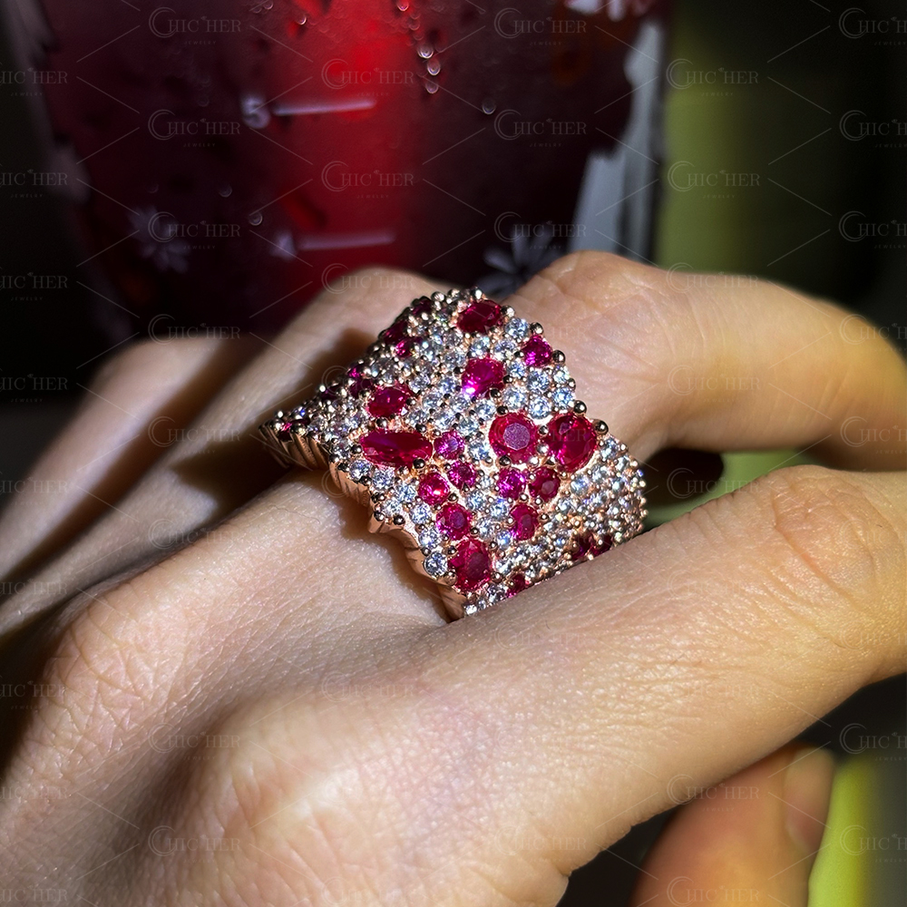 6.65ct Round&Oval Cut Ruby Sapphire&Diamond Cocktail Ring