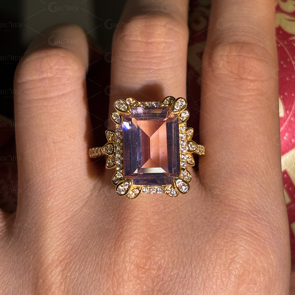Halo 7ct Emerald Cut Pink Sapphire Engagement Ring