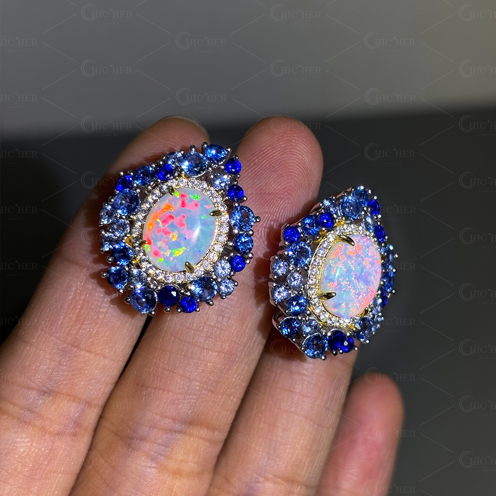 Oval Cut Opal Sapphire Stud Earrings
