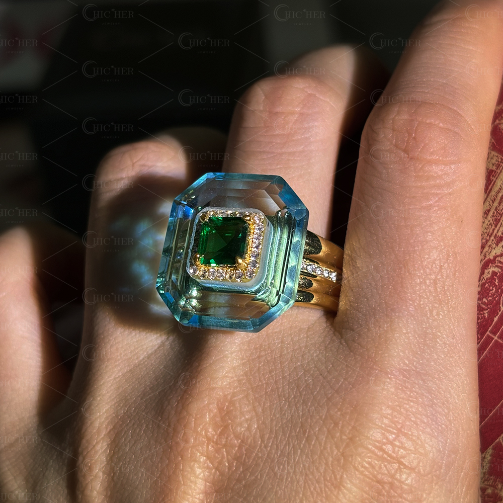 2ct Unique Emerald Cut Emerald Sapphire Engagement Ring