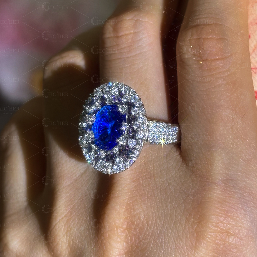 Pave Setting 2ct Oval Cut Blue Sapphire Cocktail Ring