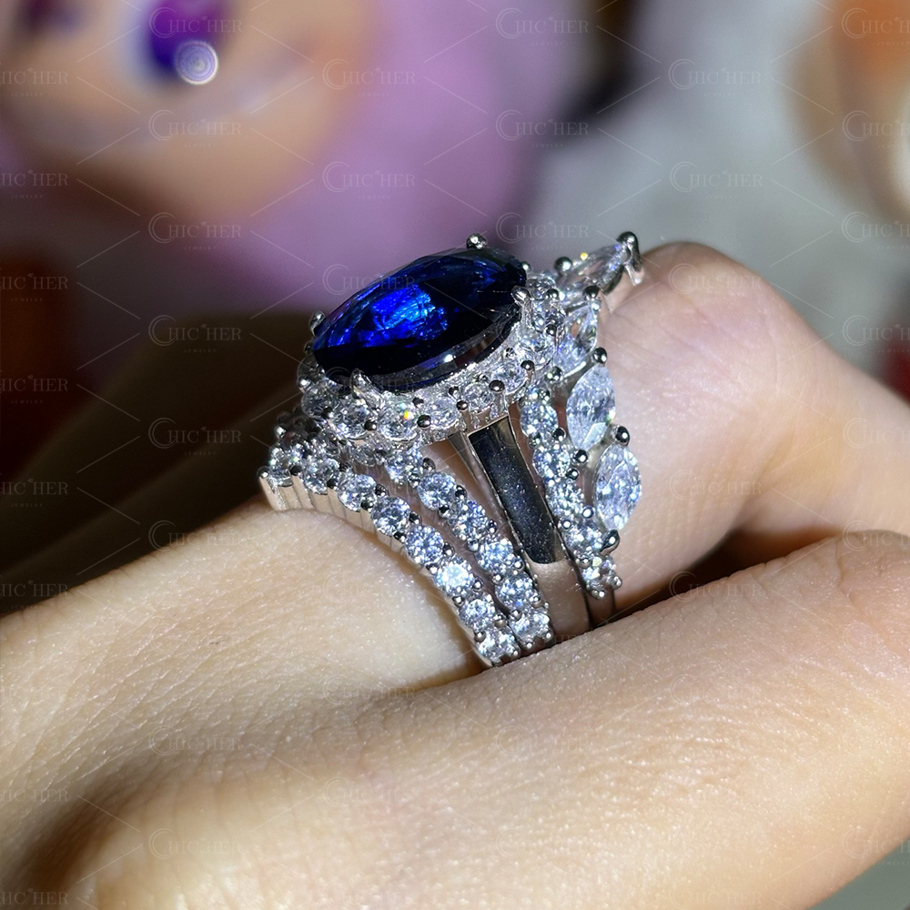 Halo 4ct Oval Cut Blue Sapphire Wedding Set/3pcs