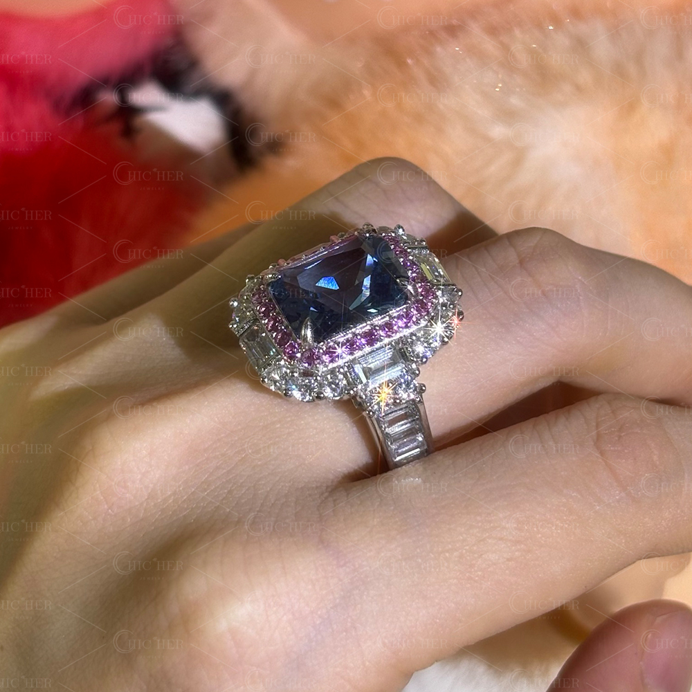 Double Halo 6ct Radiant Cut Light Blue Sapphire Engagement Ring