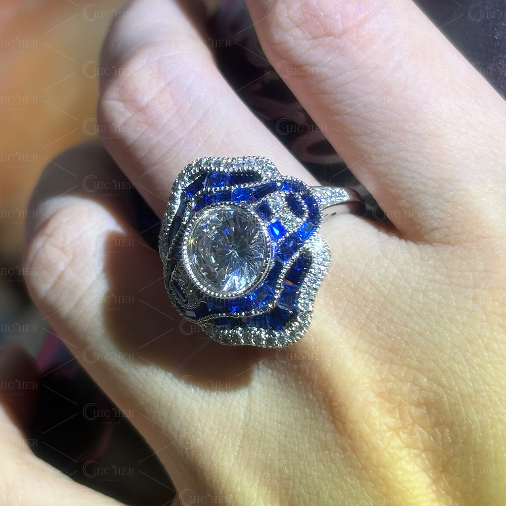 Art Deco 2.5ct Two Tone White&Blue Sapphire Engagement Ring