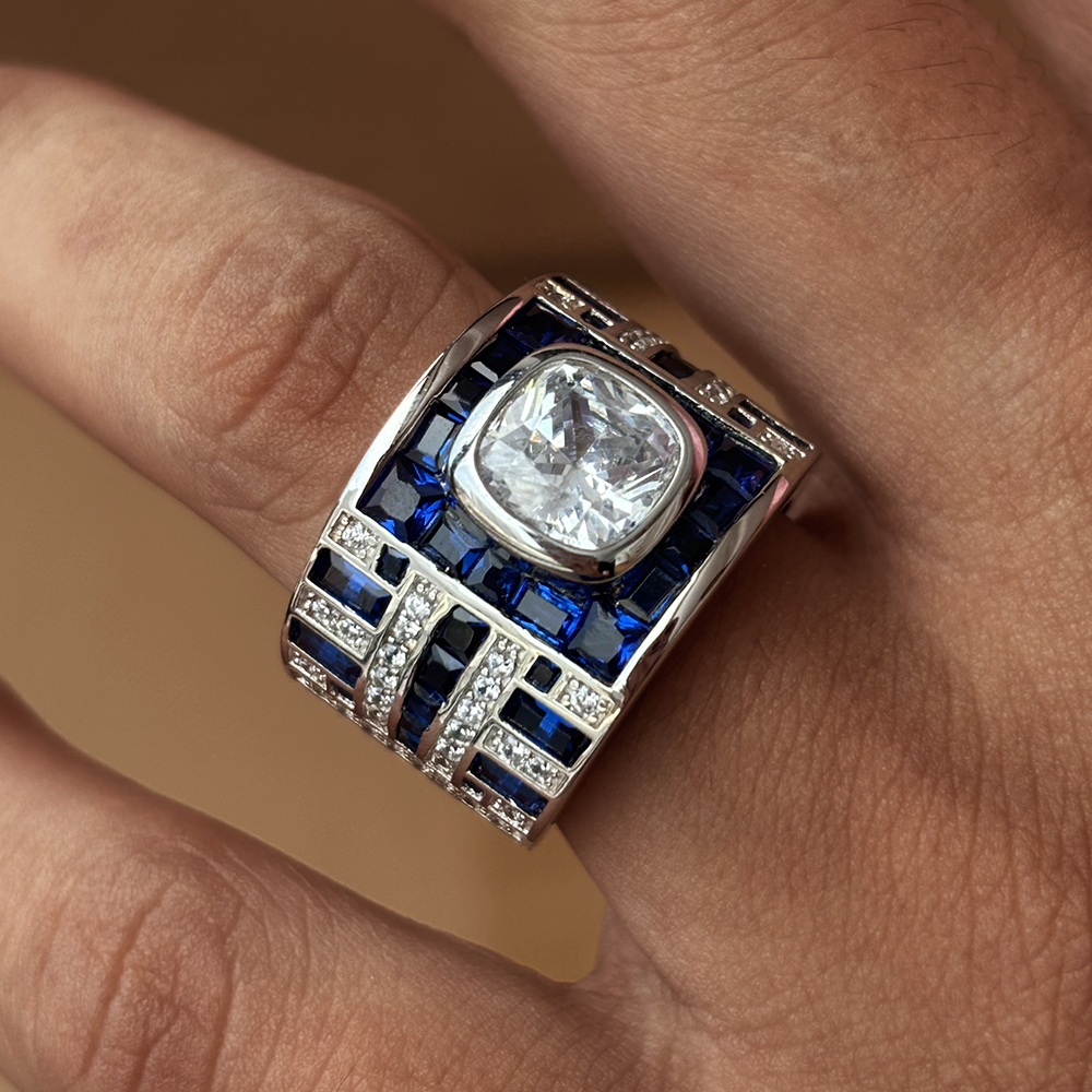 5ct Cushion Cut Two Tone Sapphire Men's Ring