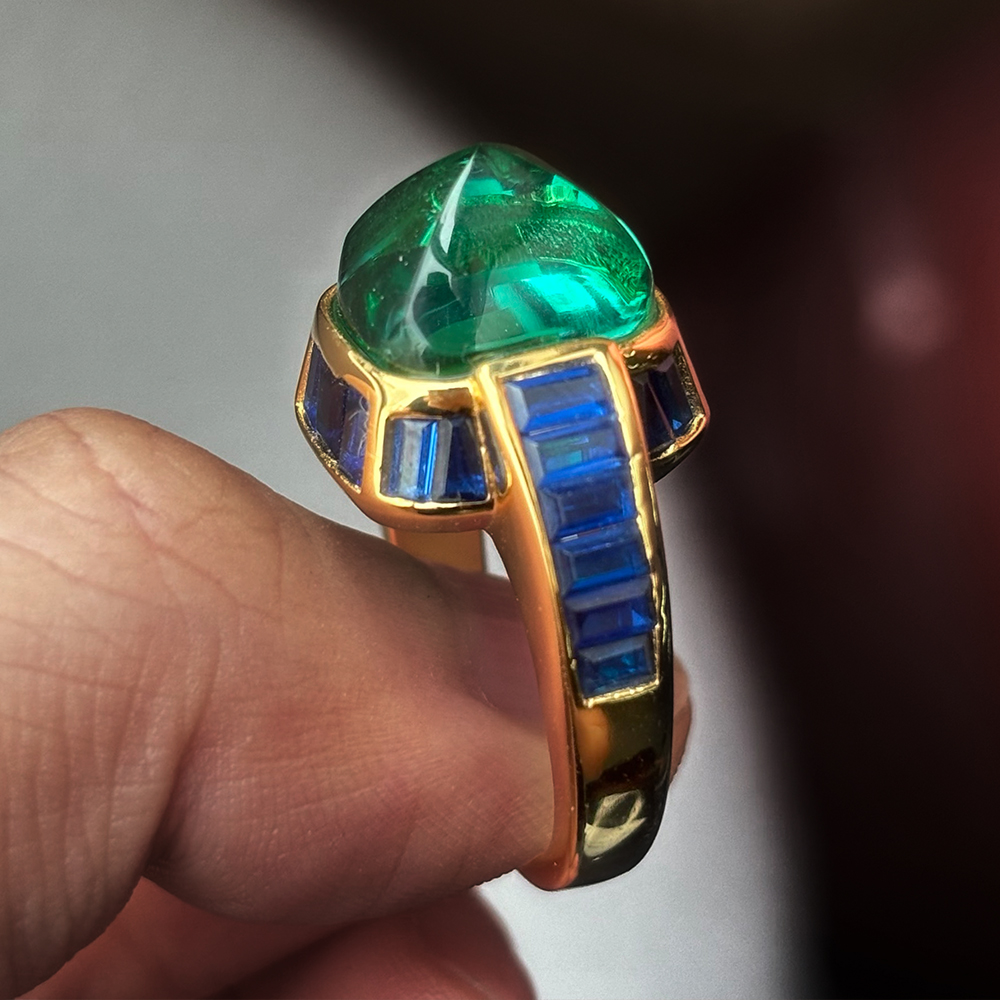 Sapphire Halo 10ct Cabochon Cut Emerald Sapphire Cocktail Ring