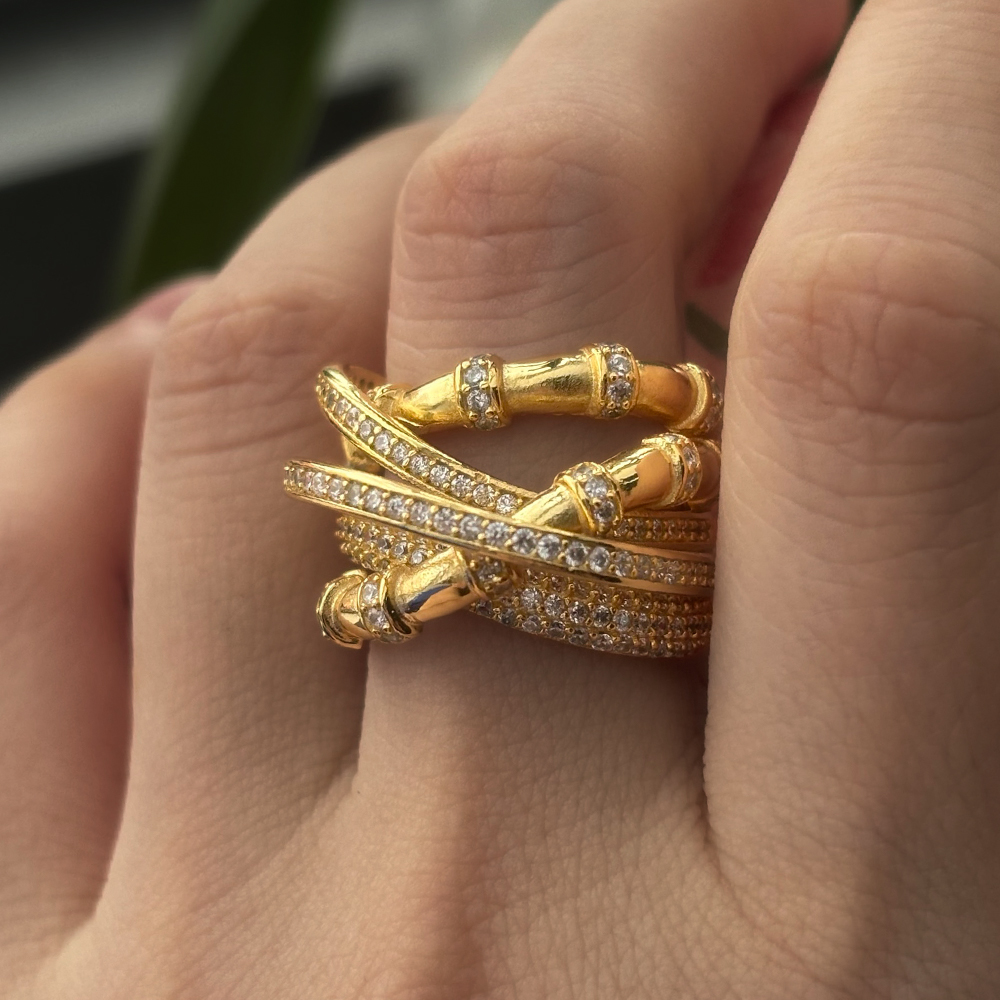 Bamboo Design 0.8ct White Sapphire Pave Ring