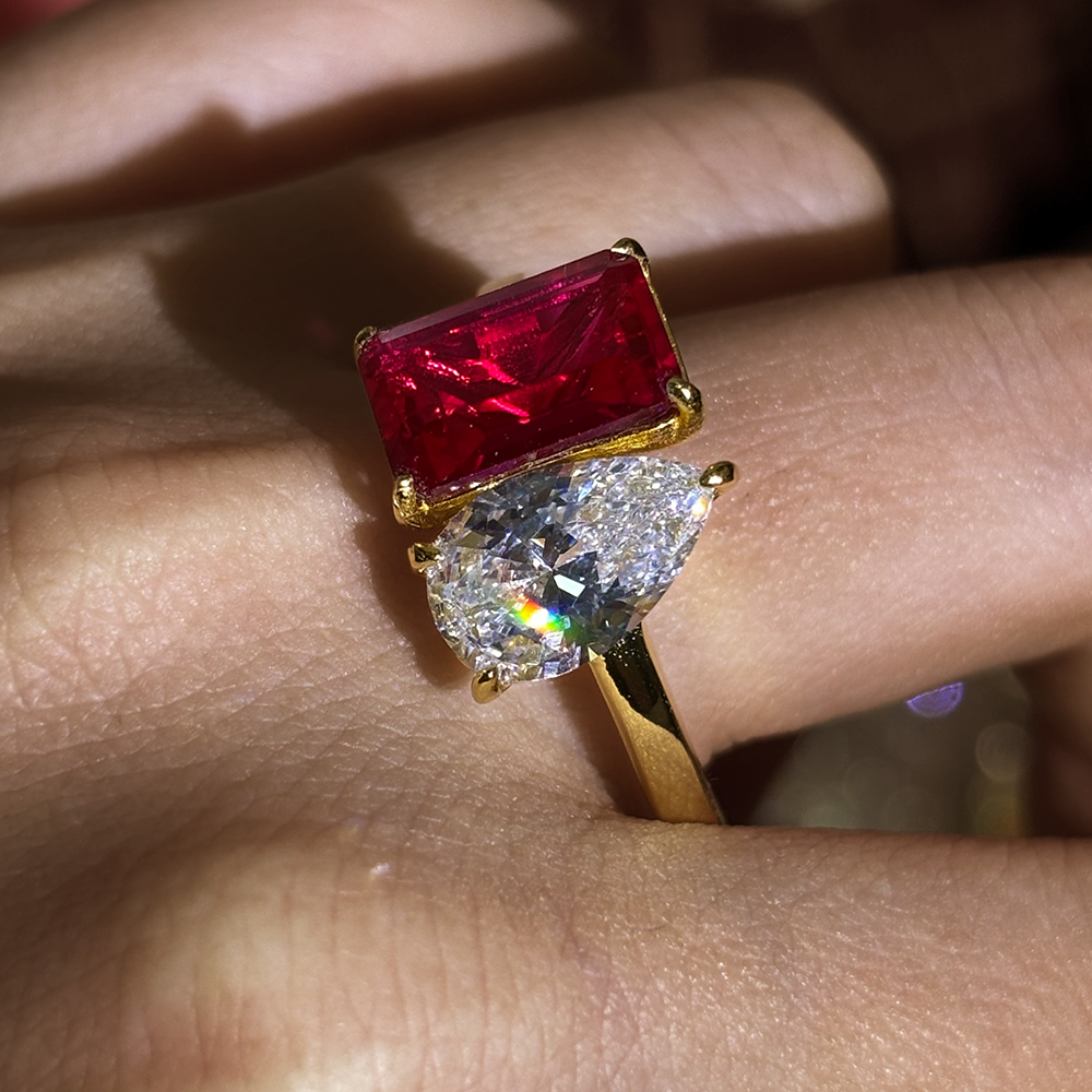 Toi et Moi 7ct Emerald&Pear Cut Ruby&White Sapphire Engagement Ring