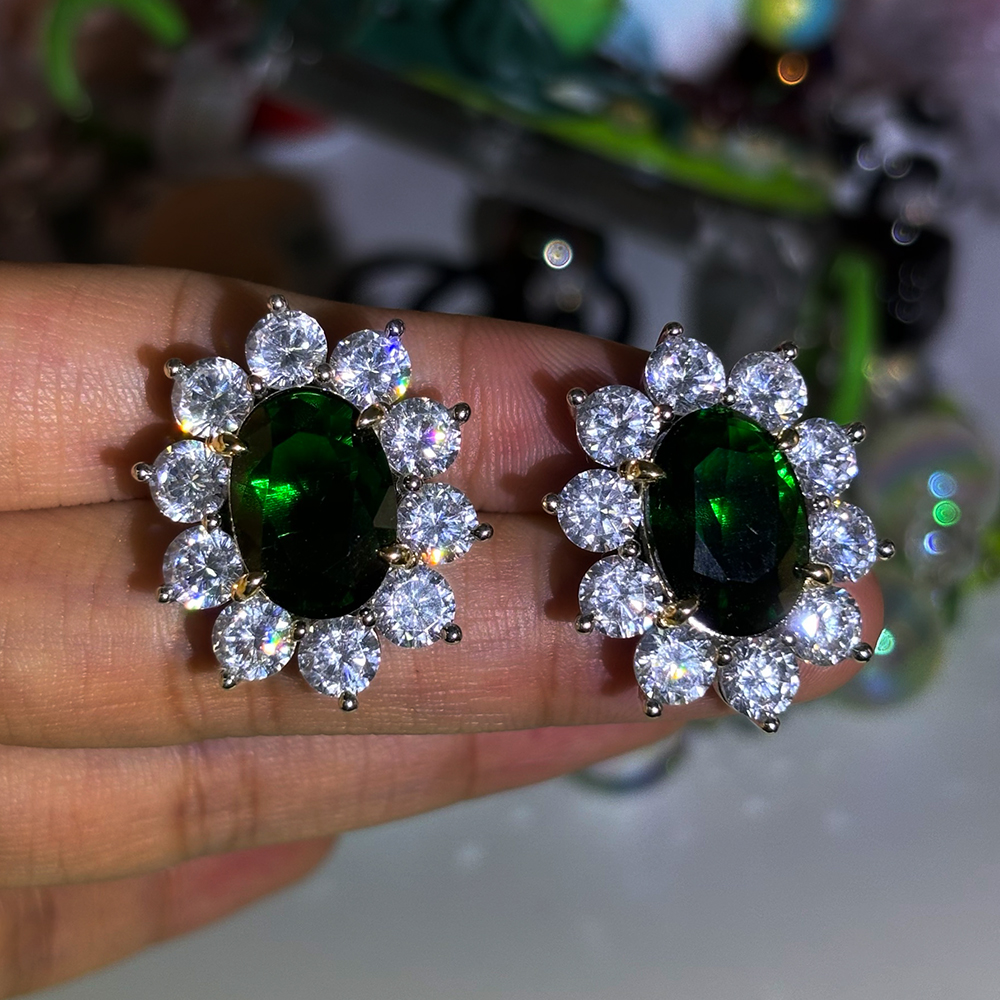 Halo Oval Cut Emerald Green Sapphire Stud Earrings