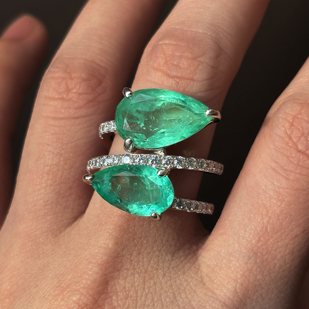 4.55ct Double-stone  Pear Cut Green Sapphire Ring