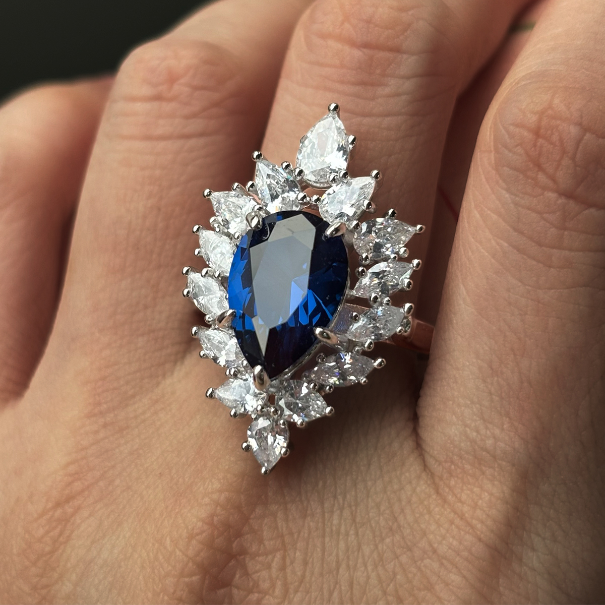 2.5ct Halo Pear Cut Sapphire Ring in 925 Sterling Silver