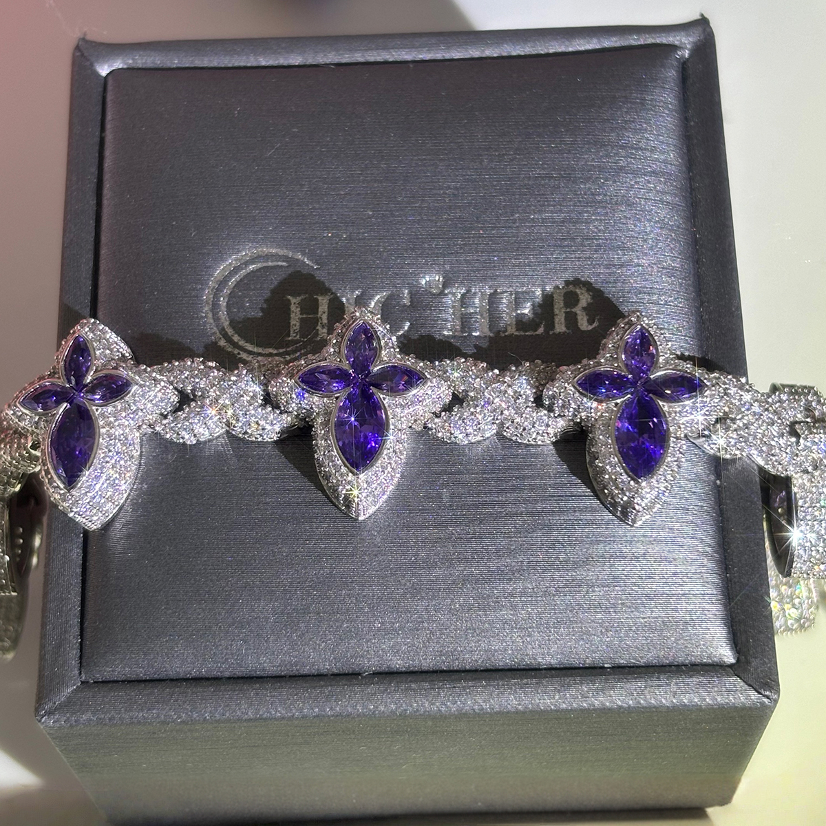 Marquise Cut Amethyst Sapphire Chain Bracelet For Men