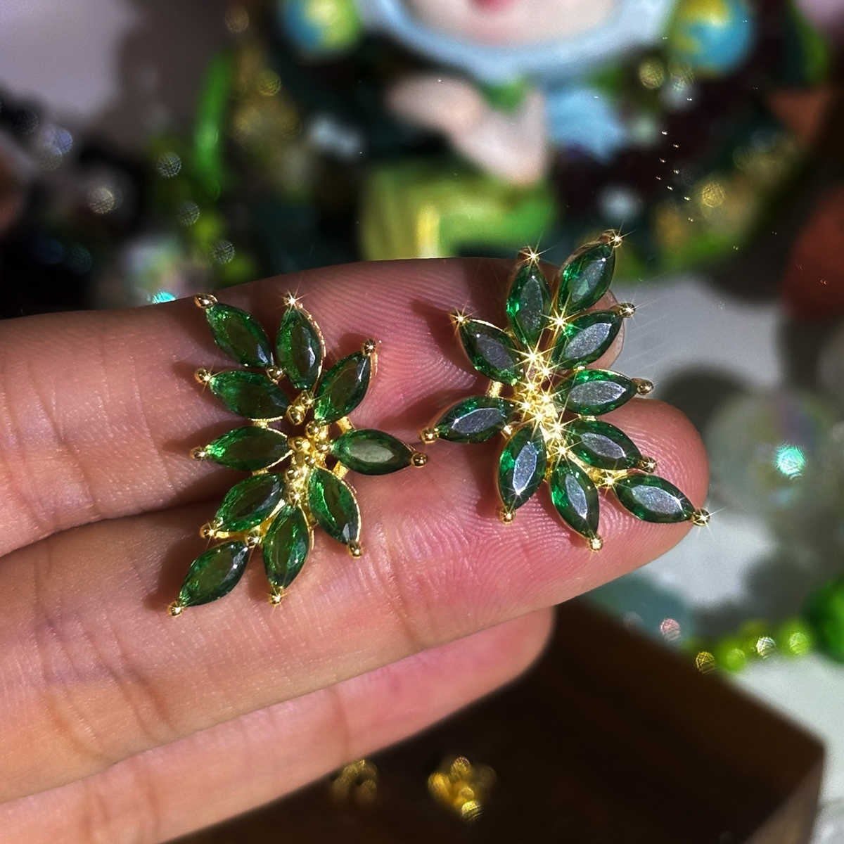 Vintage Marquise Cut Emerald Sapphire Stud Earrings