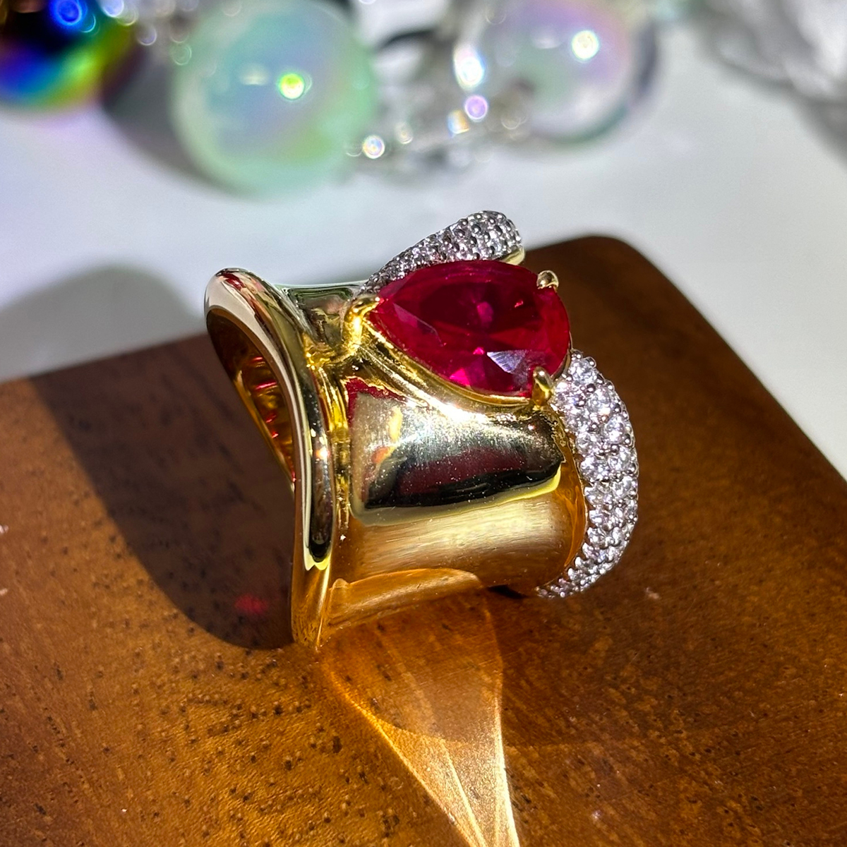 Luxury 3ct Pear Cut Ruby Sapphire Cocktail Ring