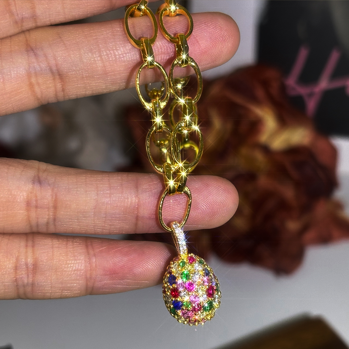 Egg Pendant Round Cut Rainbow Sapphire Chain Bracelet