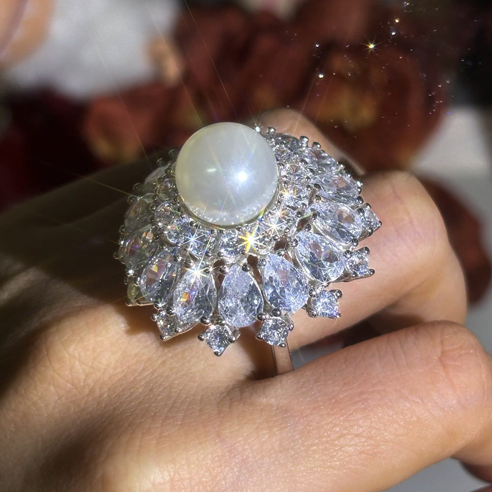 12mm Pearl Pear&Round Cut White Sapphire Cocktail Ring