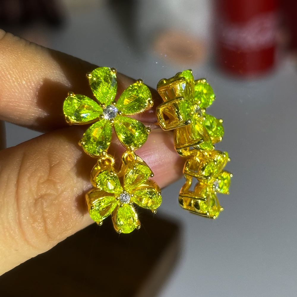 Flower Design Pear Cut Peridot Sapphire Dangle Earrings