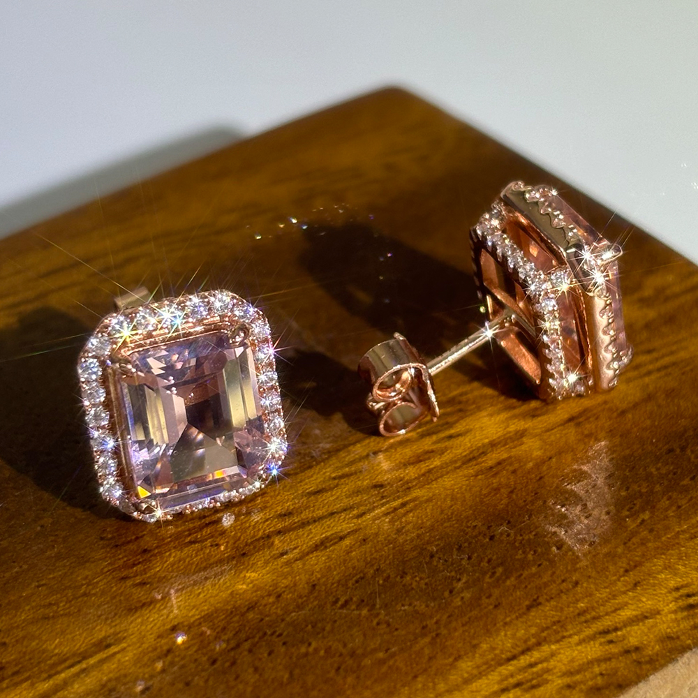 Halo Emerald Cut Pink Sapphire Stud Earrings
