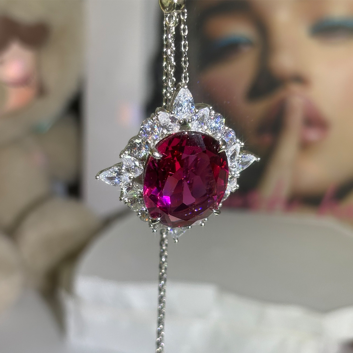 Ruby Sapphire Halo Pendant Necklace