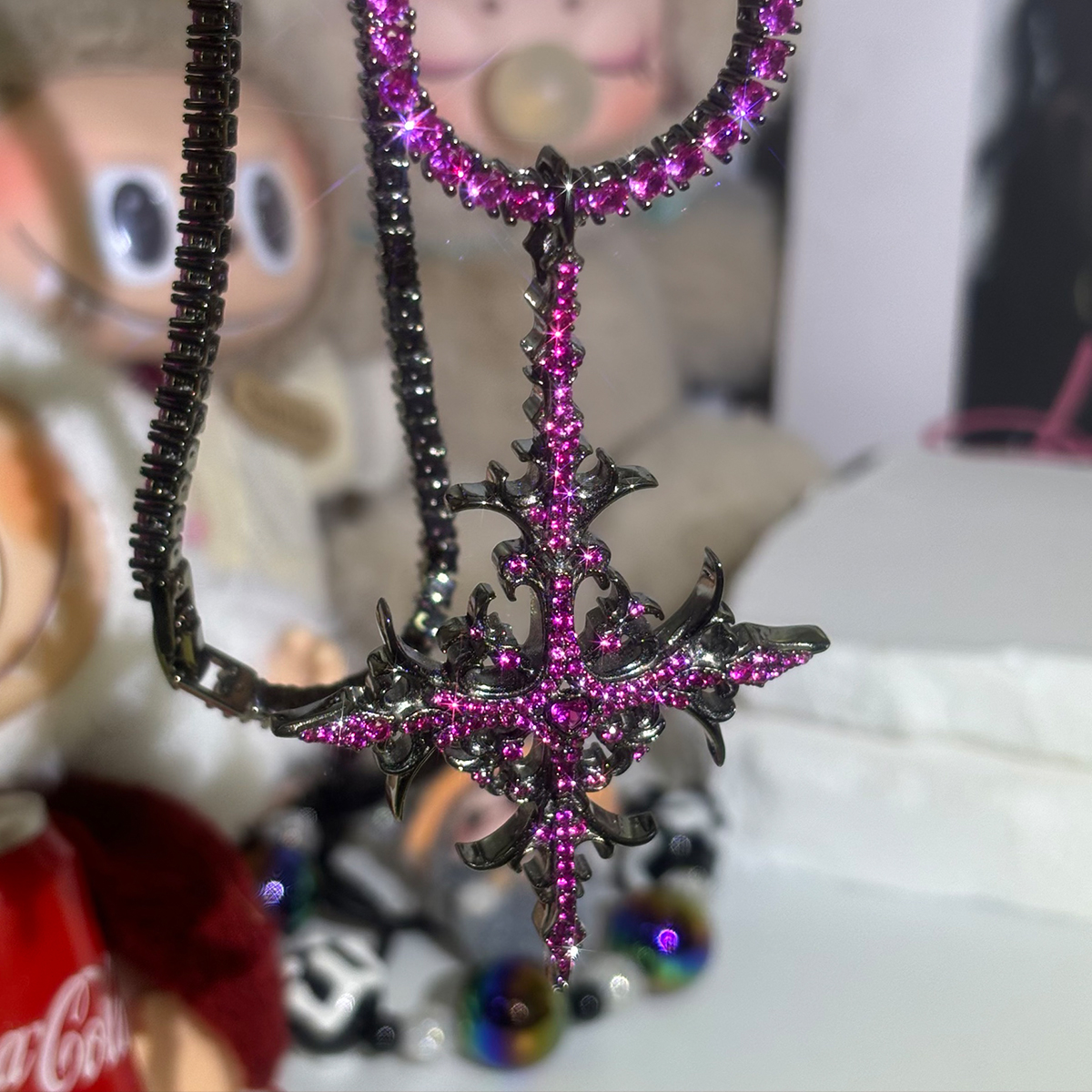 Hip Hop Purple Sapphire Cross Pendant Necklace for Men