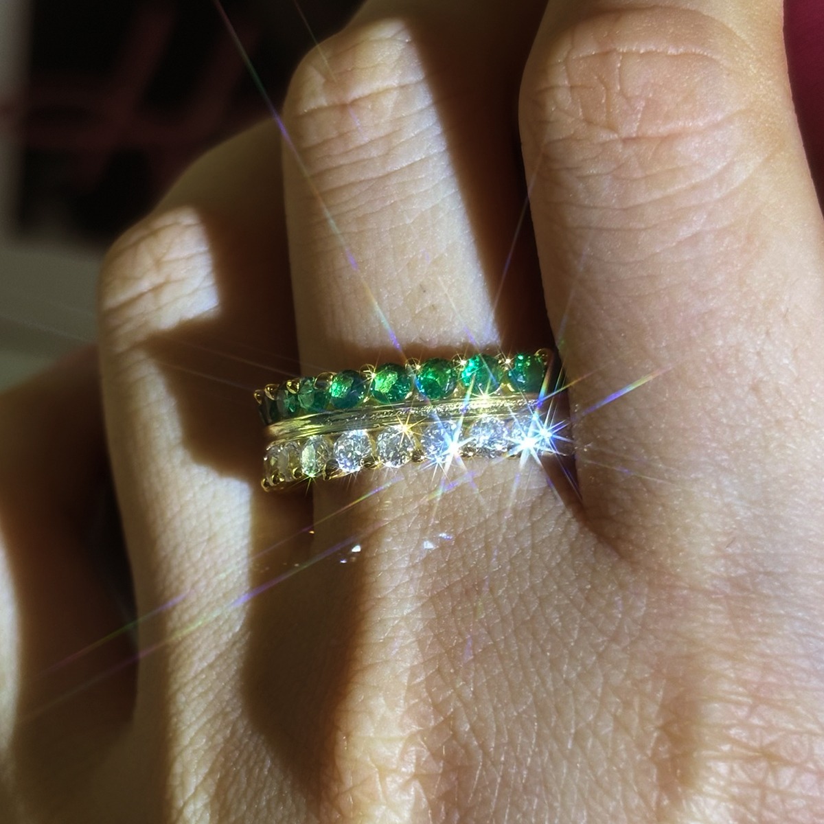 Emerald & White Sapphire Round Cut Two Color Band