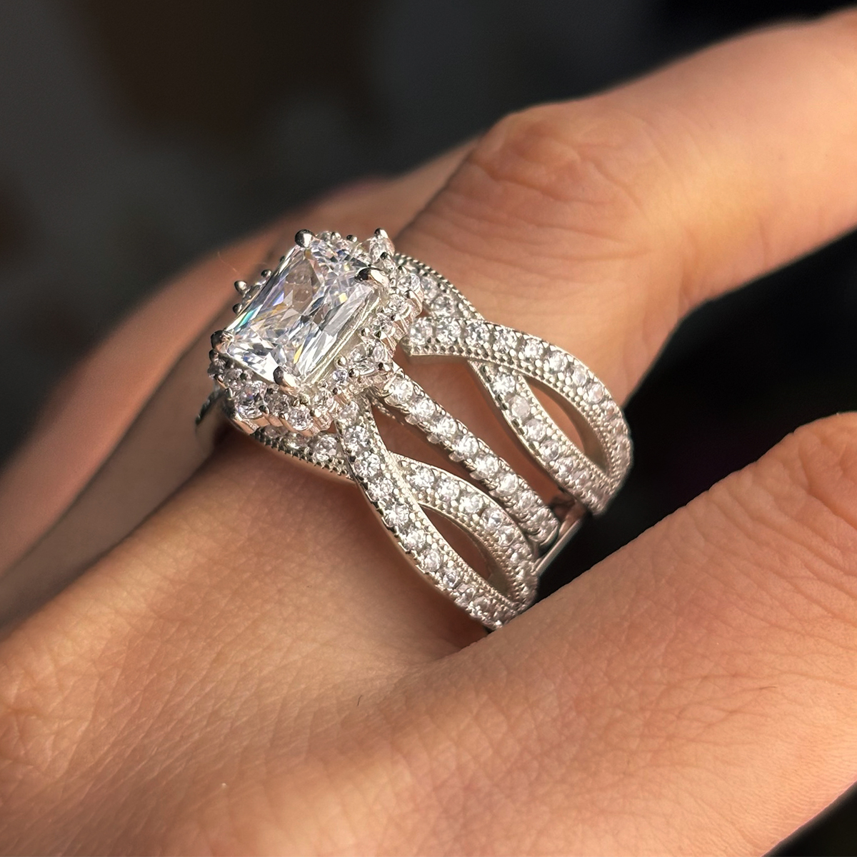 Radiant Cut Ring With Halo Diamond Matching Double Twisted Pave Set Wrap Enhancer Band / 2pcs