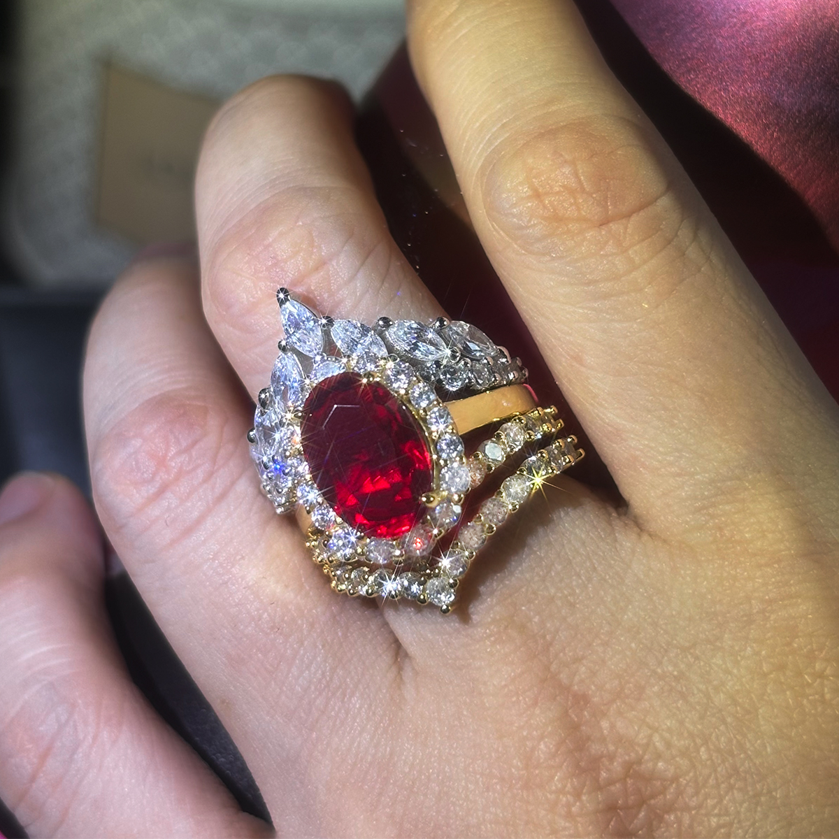 Halo 4ct Oval Cut Ruby Sapphire Wedding Set/4pcs