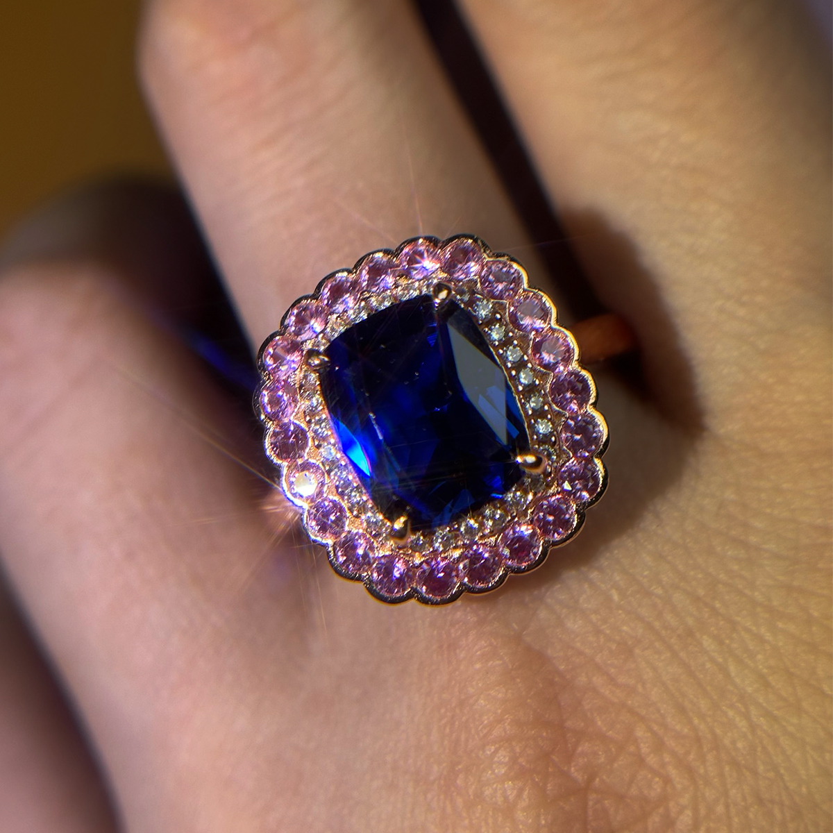 Double Halo 4ct Cushion Cut Blue Sapphire Ring