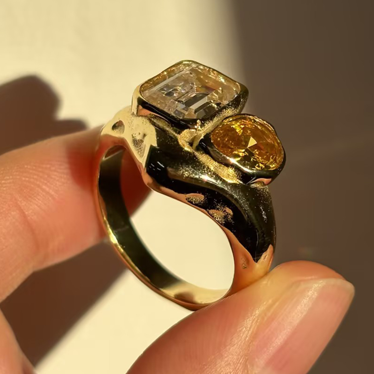 Toi et Moi Yellow & White Sapphire Emerald & Pear Cut Ring