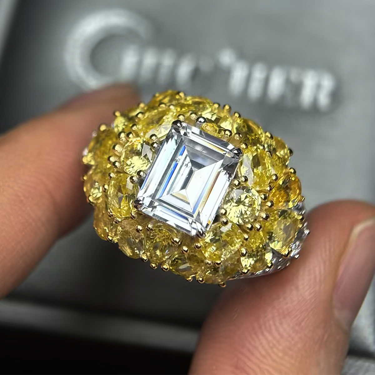 4ct Emerald Cut White Sapphire & Round Cut Yellow Sapphire Ring